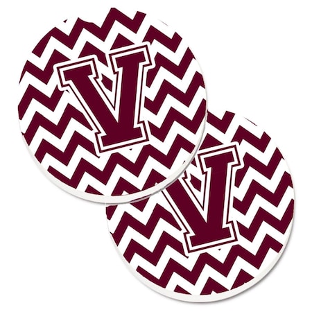 Carolines Treasures Letter V Chevron Maroon and White  Cup Holder Car Coaster, PK2 CJ1051-VCARC